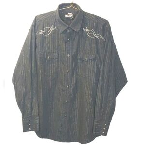 Wrangler Rockabilly Pearl Snap Shirt Men XL Black Metallic Silver Striped Biker